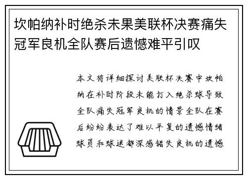 坎帕纳补时绝杀未果美联杯决赛痛失冠军良机全队赛后遗憾难平引叹